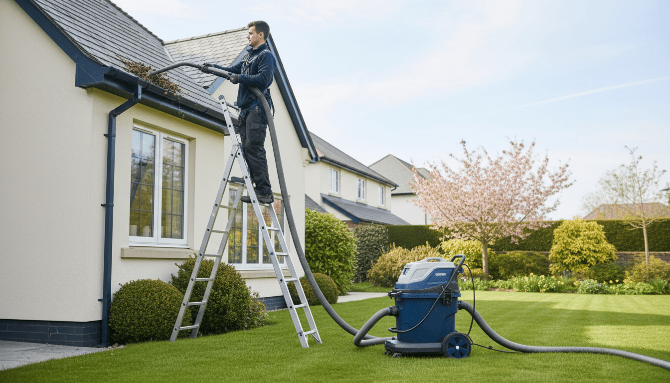 Technician cleaning house gutters and removing leaves and debris from a UK home