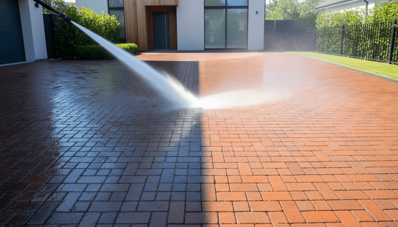 Brick driveway being pressure washed with a clear dirty-to-clean contrast