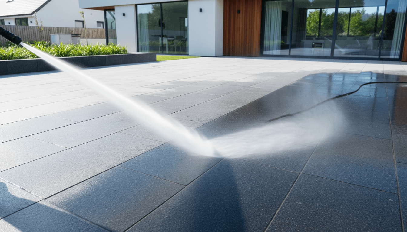 Pressure washing patio slabs outside a modern UK home with visible water spray