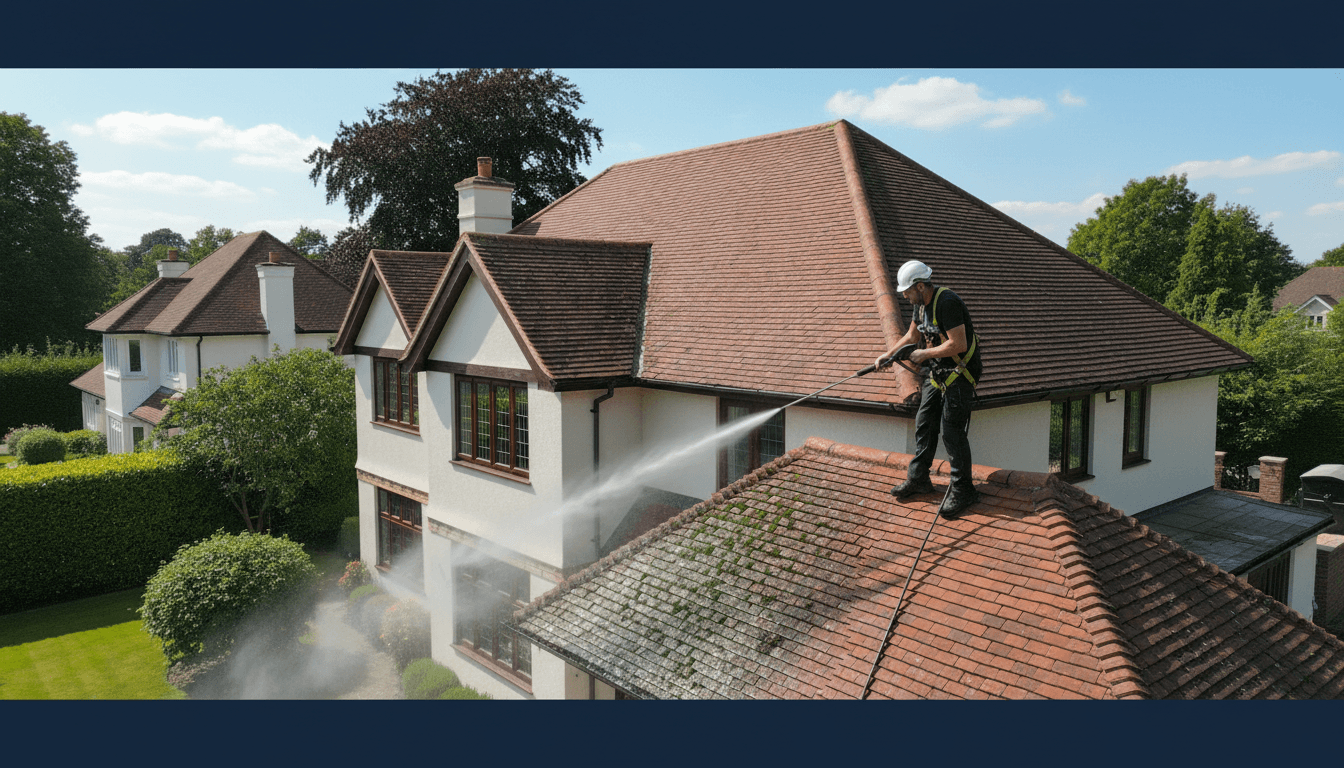 Worker safely cleaning roof tiles with a pressure washer on a UK suburban house