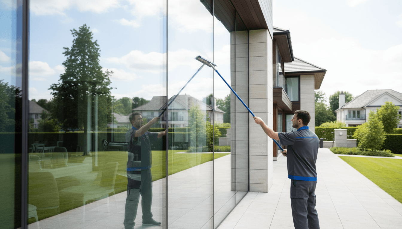 Professional cleaner using a squeegee on large glass windows of a modern UK home